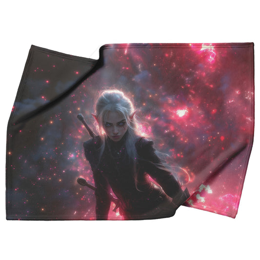Blood Elf Rogue Fleece Sherpa Blanket Dual Daggers Cosmic Textures Shimmering Stars Bold Inspiring WoW Design - Awakening Righteousness