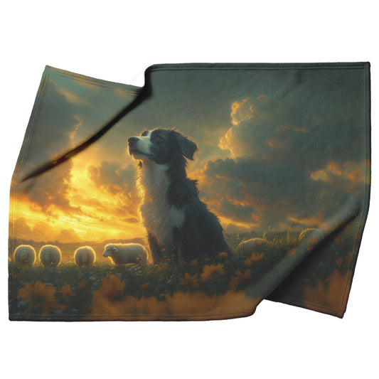 Border Collie Standing in Glowing Green Meadow Surrounded by Grazing Sheep Fleece Sherpa Blanket - Awakening Righteousness