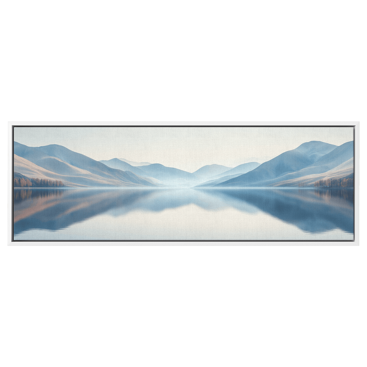 Calm Lake Scene Soft Beige Hills Muted Reflections Ultra High Definition Minimalist Elegance Panoramic Framed Canvas Wall Art - Awakening Righteousness