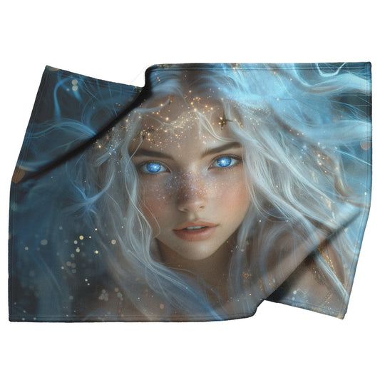Celestial Goddess with Glowing Star Crown White Hair Galaxy Blue Eyes Starry Gown Navy Skies Fleece Sherpa Blanket - Awakening Righteousness