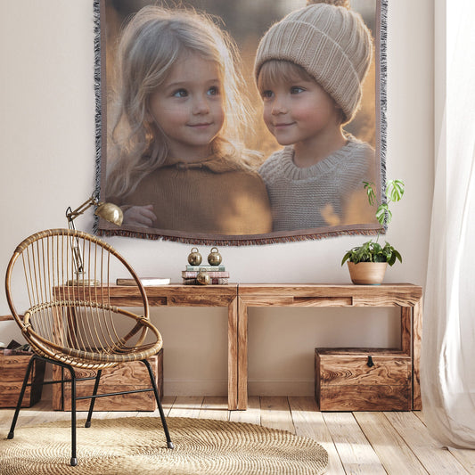 Children in Beige Sweaters at Sunset in Field of Reeds Cozy Woven Throw Blanket - Awakening Righteousness