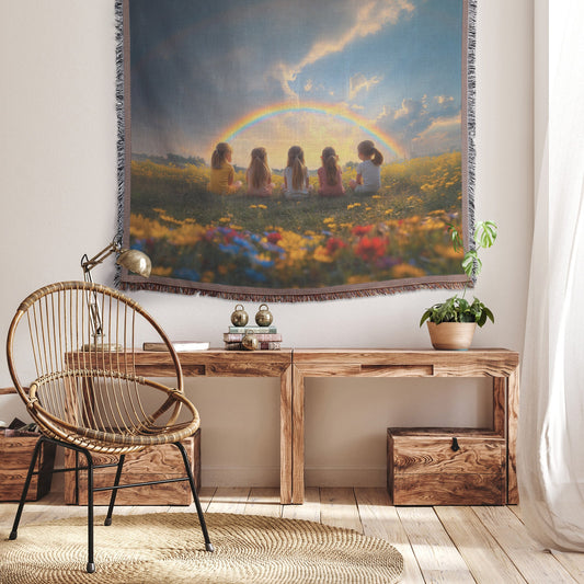 Children Under Rainbow in Blooming Field Woven Throw Blanket - Awakening Righteousness