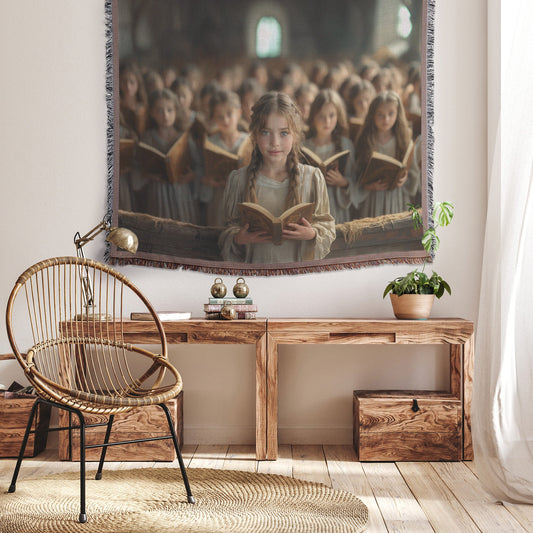 Chorale of Young Girls with Books Woven Throw Blanket - Awakening Righteousness
