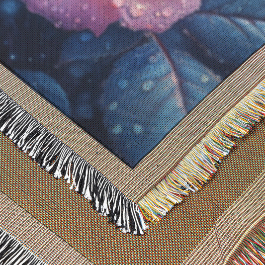 Close Up of Dew Kissed Pink Rose with Glowing Petals Woven Throw Blanket for Home Decor - Awakening Righteousness