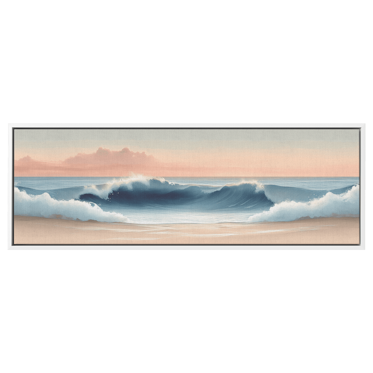 Coastal Illustration Rolling Waves Neutral Sandy Tones Soft Taupe Horizon Ultra High Definition Panoramic Framed Canvas Wall Art - Awakening Righteousness