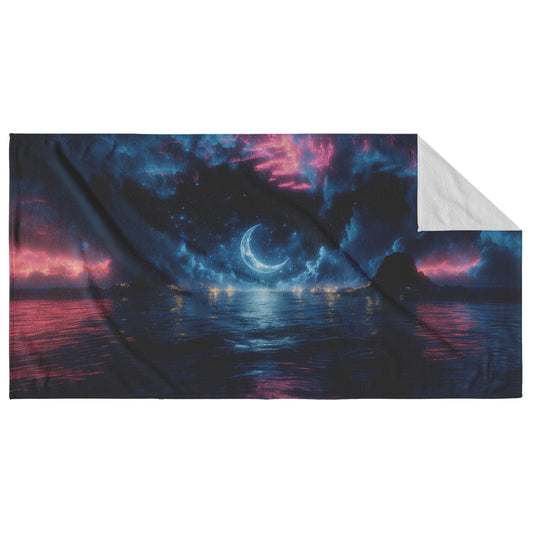 Crescent Moon Over Ocean Beach Towel Stars Reflecting Shimmering Waves Silver Glow Surreal Deep Blue Hues - Awakening Righteousness