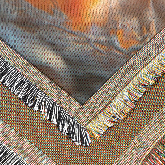 Cute Baby Phoenix with Big Blue Eyes Nestled in Fiery Glow Cozy Woven Throw Blanket - Awakening Righteousness