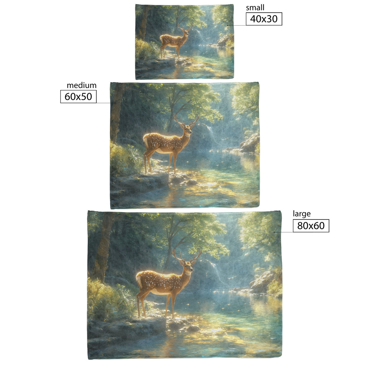 Deer by Glowing Crystal Clear River Surrounded by Lush Greenery Magical Light Streaming Through Trees Fleece Sherpa Blanket - Awakening Righteousness