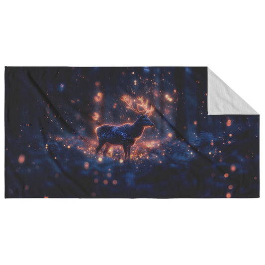 Deer With Glowing Antlers Standing in Bioluminescent Forest Surrounded by Shimmering Plants Magical Wildlife Beach Towel - Awakening Righteousness