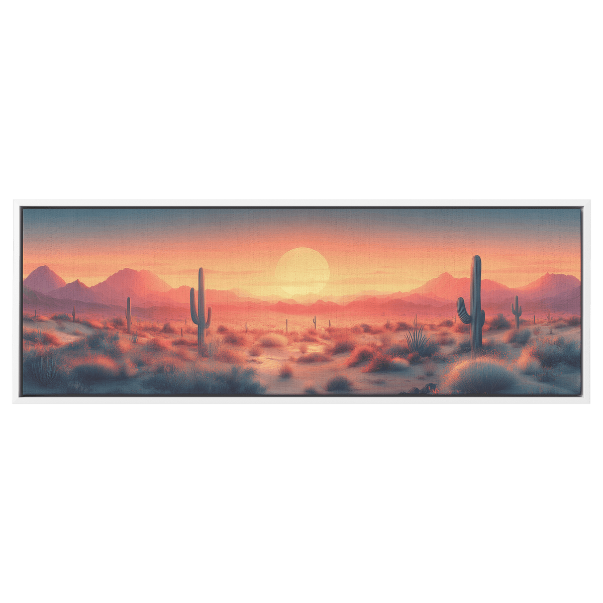 Desert Scene Muted Beige Tones Minimalist Cacti Soft Linework Mountains Ultra High Definition Panoramic Framed Canvas Wall Art - Awakening Righteousness