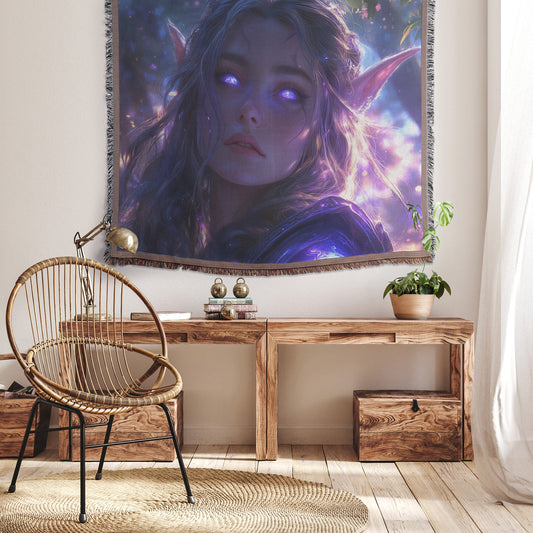 Divine Night Elf Woven Throw Blanket World of Warcraft Fantasy Art Beautiful Alliance Elf Holy Radiant Design - Awakening Righteousness