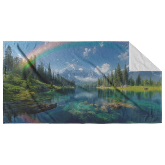 Dreamlike Rainbow Reflecting Over Crystal Clear Alpine Lake Tall Pines Snow Capped Mountains Golden Light Natural Scenery - Awakening Righteousness