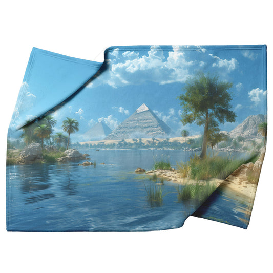 Egyptian Pyramid Landscape Fleece Sherpa Blanket Tranquil River Palm Trees Desert - Awakening Righteousness
