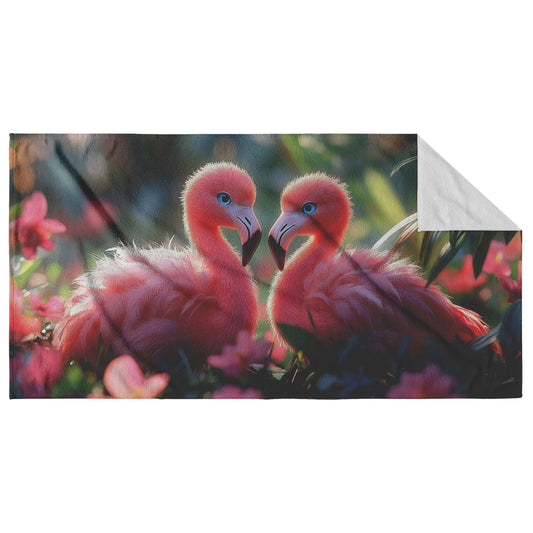 Elegant Pair of Pink Flamingos in a Tropical Garden Stunning Wildlife Art Soft Lightweight Absorbent Beach Towel - Awakening Righteousness