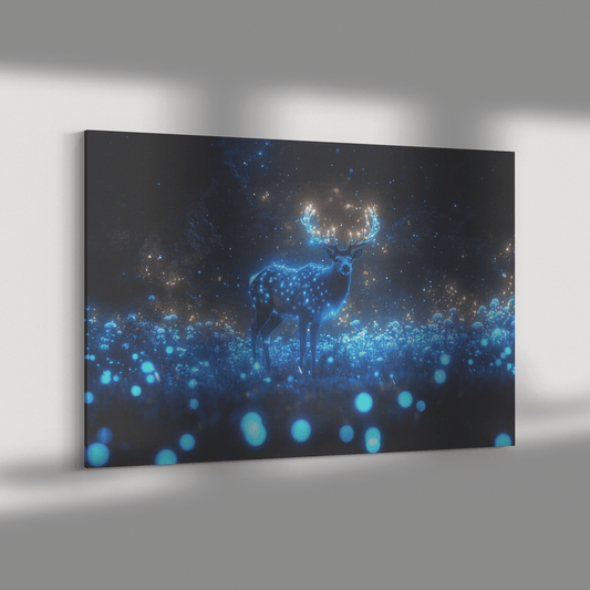 Elk Standing Tall In Bioluminescent Forest With Glowing Plants And Blue Mist Under Starry Night Sky Canvas Wall Art Decor - Awakening Righteousness