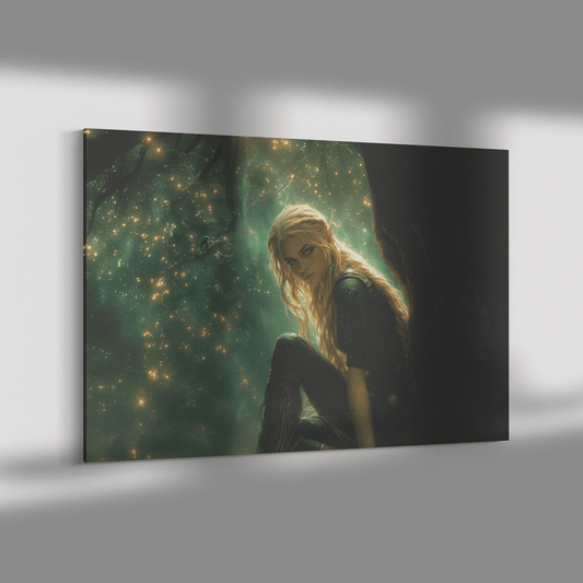 Female Blood Elf Hunter Perched on Treetop Shimmering Green Textures Cascading Golden Highlights Canvas Wall Art - Awakening Righteousness