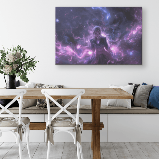 Female Blood Elf Mage Glowing Purple Robes Shimmering Cosmic Textures Radiant Arcane Symbols WoW Canvas Wall Artv - Awakening Righteousness