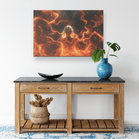 Female Blood Elf Mage Summoning Fiery Magic Swirling Red Gold Flames Shimmering Stars Glowing Accents Canvas Wall Art - Awakening Righteousness