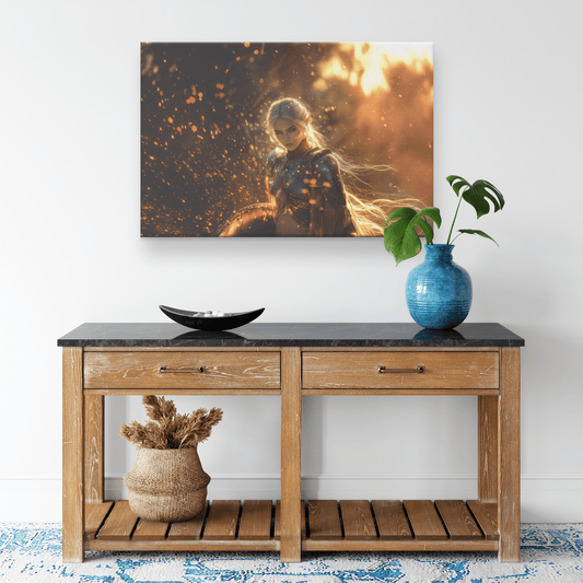 Female Blood Elf Paladin Silver Red Plate Armor Shield Golden Glow Shimmering Textures Cascading Light Trails Canvas Wall Art - Awakening Righteousness