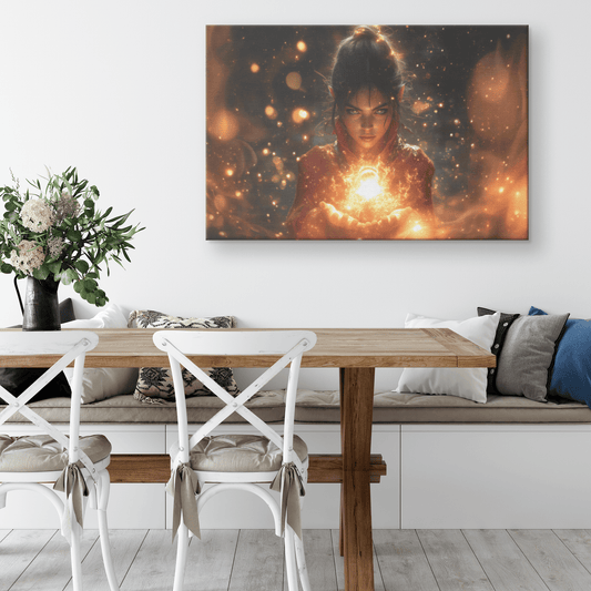 Female Night Elf Mage Summoning Glowing Fireball Shimmering Textures Radiant Golden Reflections Canvas Wall Art - Awakening Righteousness