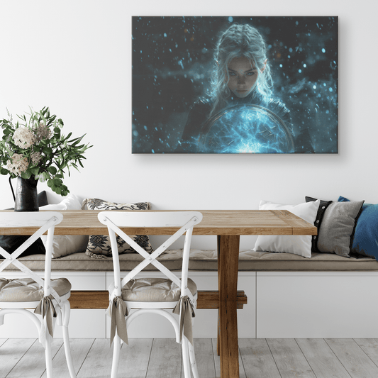 Female Night Elf Paladin Wielding Glowing Shield Shimmering Textures Cascading Silver Highlights Canvas Wall Art - Awakening Righteousness