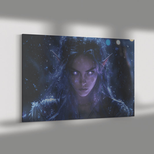Female Night Elf Rogue Dark Crimson Armor Radiant Throwing Stars Shimmering Stars Cascading Purple Light Canvas Wall Art - Awakening Righteousness