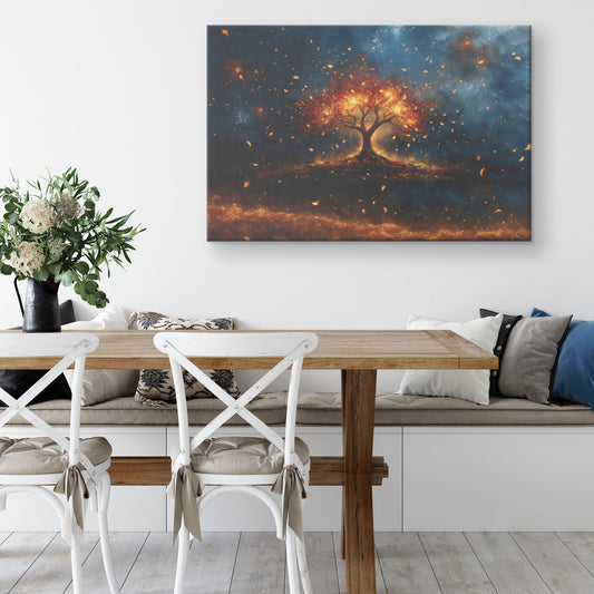 Fiery Tree of Life with Falling Leaves Radiant Spiritual Canvas Wall Art Decor for Home Church or Office Spaces - Awakening Righteousness