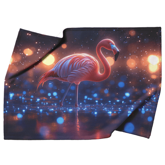 Flamingo Standing on Glowing Beach Surrounded by Bioluminescent Waves Under Starry Night Sky Fleece Sherpa Blanket - Awakening Righteousness