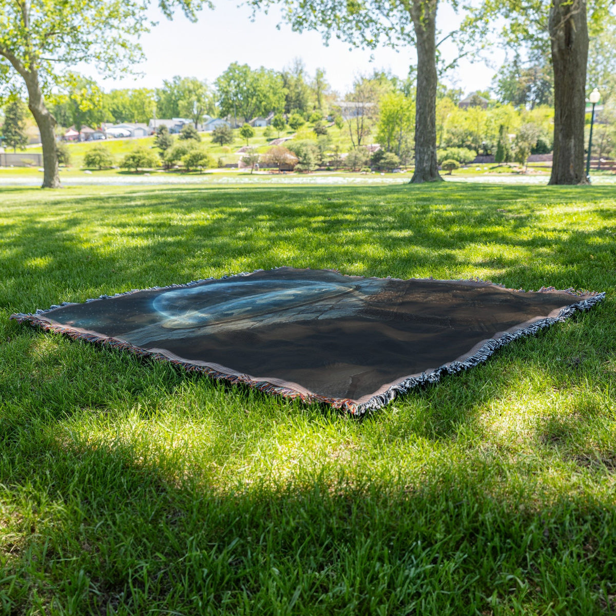 Flat Earth Firmament on Stone Table with Hieroglyphs and Starry Cosmos Woven Throw Blanket - Awakening Righteousness