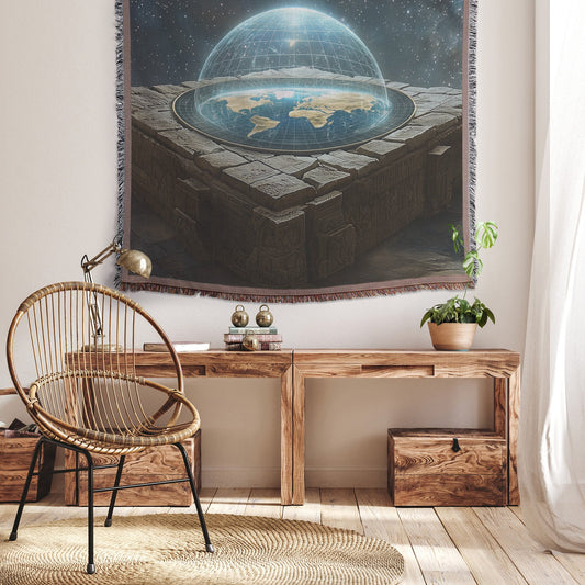 Flat Earth Firmament with Hieroglyphs and Starry Cosmos Woven Throw Blanket - Awakening Righteousness