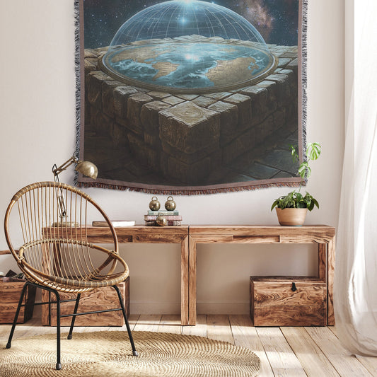 Flat Earth with Firmament on Carved Stone Bricks and Starry Cosmos Woven Throw Blanket - Awakening Righteousness