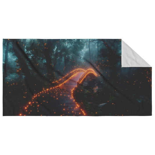 Glowing Rainbow Bridge Over Mystical Forest Vibrant Glowing Trees Soft Mist Enchanted Golden Light Beach Towel - Awakening Righteousness