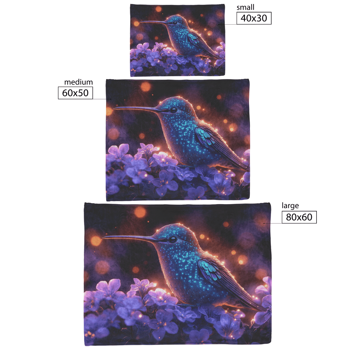 Green and Blue Hummingbird Surrounded by Glowing Purple Flowers in Bioluminescent Garden Under Twilight Sky Fleece Sherpa Blanket - Awakening Righteousness