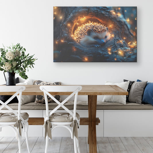 Hedgehog Curled Up in Glowing Tree Hollow with Fireflies Under Twilight Sky Canvas Wall Art - Awakening Righteousness