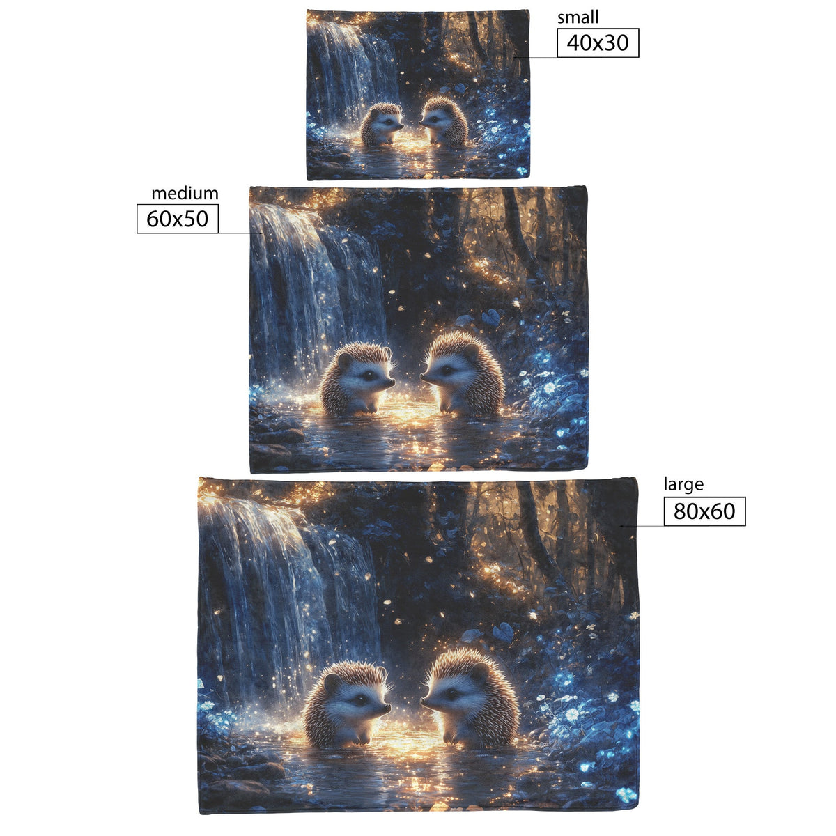 Hedgehogs Playing by Glowing Waterfall with Shimmering Blue Plants and Ethereal Mist Fleece Sherpa Blanket - Awakening Righteousness