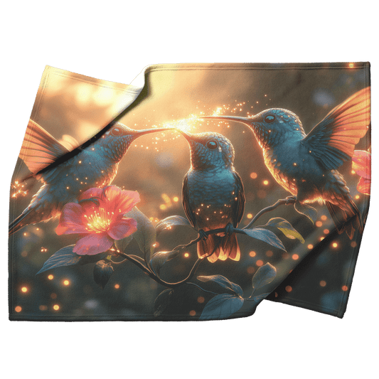Hummingbirds Drinking Nectar From Bioluminescent Flowers Surrounded by Fireflies in Glowing Forest Fleece Sherpa Blanket - Awakening Righteousness