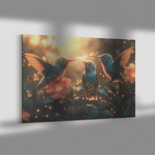 Hummingbirds Drinking Nectar From Bioluminescent Flowers With Fireflies In Glowing Forest Canvas Wall Art Decor - Awakening Righteousness