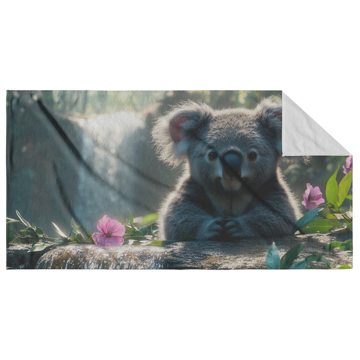 Koala Beach Towel Sitting Near Glowing Waterfall Under Soft Morning Mist with a Natural Magical Atmosphere - Awakening Righteousness