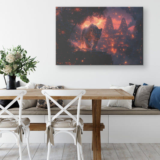 Leopard Canvas Wall Art Decor Walking Through Glowing Ancient Ruins Covered in Jungle Vines Under Twilight Sky with Magical Atmosphere - Awakening Righteousness