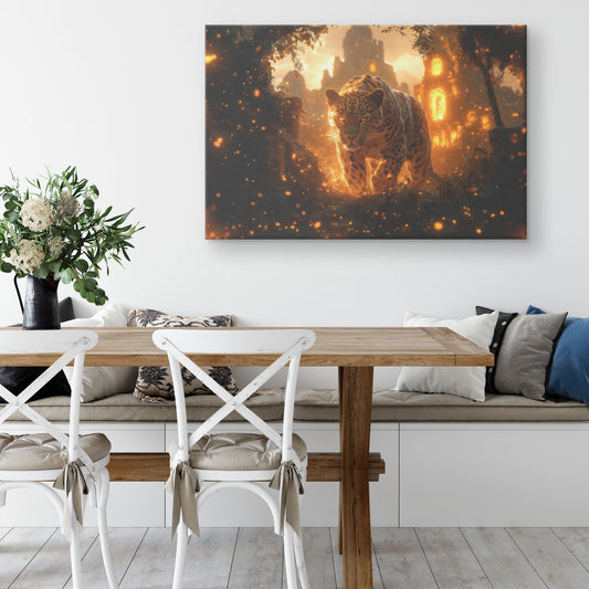 Leopard Canvas Wall Art Decor Walking Through Glowing Ancient Ruins Covered in Jungle Vines Under Twilight Sky with Magical Atmosphere - Awakening Righteousness