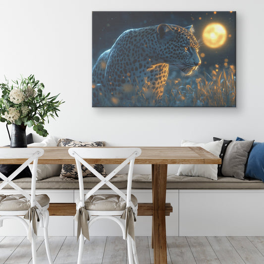 Leopard Hunting Under Glowing Moonlight Canvas Wall Art Decor in Misty Grass Savanna - Awakening Righteousness