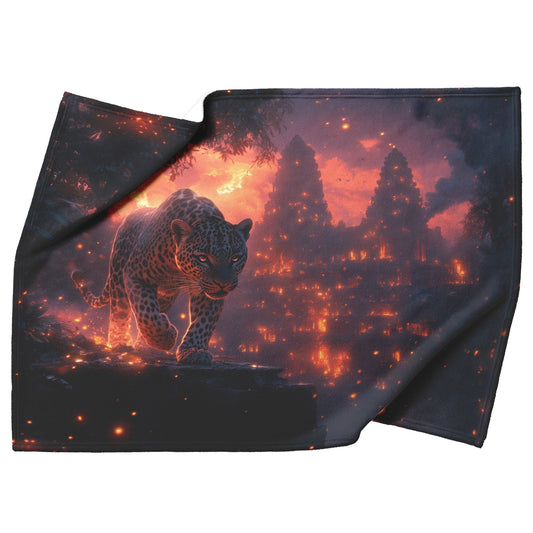 Leopard Walking Through Glowing Ancient Jungle Ruins Under Twilight Sky Fleece Sherpa Blanket Magical and Soft - Awakening Righteousness