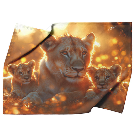 Lion Family Resting in Golden Grass with Morning Mist and Warm Sunlight Fleece Sherpa Blanket - Awakening Righteousness