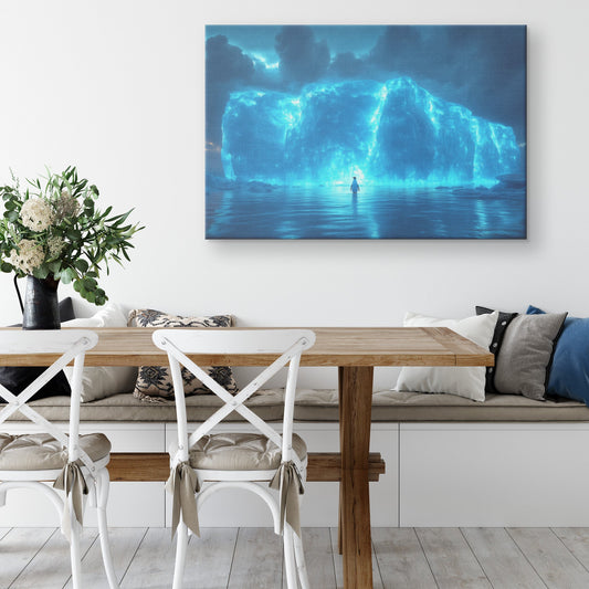 Lone Penguin on Glowing Blue Iceberg Surrounded by Crystal Clear Arctic Water Twilight Sky Canvas Wall Art Decor - Awakening Righteousness
