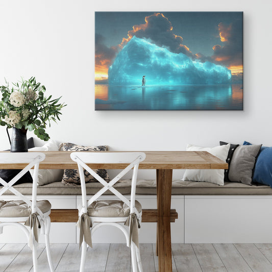 Lone Penguin on Glowing Blue Iceberg Surrounded by Crystal Clear Arctic Water Twilight Sky Canvas Wall Art Decor - Awakening Righteousness