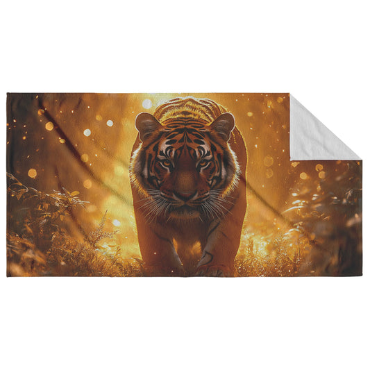 Majestic Bengal Tiger Standing on Glowing Jungle Path Surrounded by Mist Green Plants and Golden Sunlight Beach Towel - Awakening Righteousness