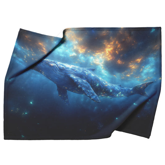Majestic Blue Whale Swimming Through Glowing Bioluminescent Ocean Twilight Sky Soft Light Fleece Sherpa Blanket - Awakening Righteousness