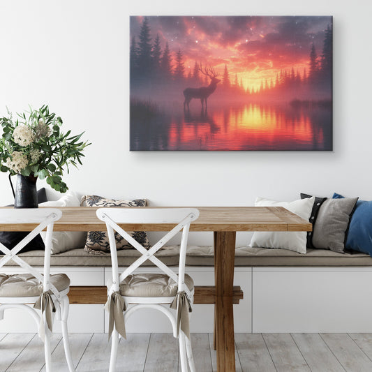 Majestic Deer Canvas Wall Art Decor Silhouetted Against Glowing Twilight Sky with Stars and Silver Forest Light - Awakening Righteousness