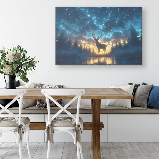 Majestic Deer Silhouette Glowing Twilight Sky Starry Forest Silver Light Serene Ethereal Canvas Wall Art - Awakening Righteousness