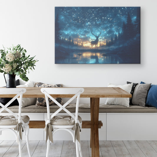Majestic Deer Silhouette Glowing Twilight Sky Starry Forest Silver Light Serene Ethereal Canvas Wall Art - Awakening Righteousness